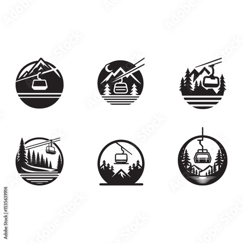 Silhouettes of ski lift vector on a white background. Ski lift logo icons