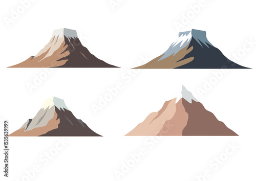 Mountain silhouette with flat snowy peak, stylized shape in muted earth tones, minimal design centered on transparent background