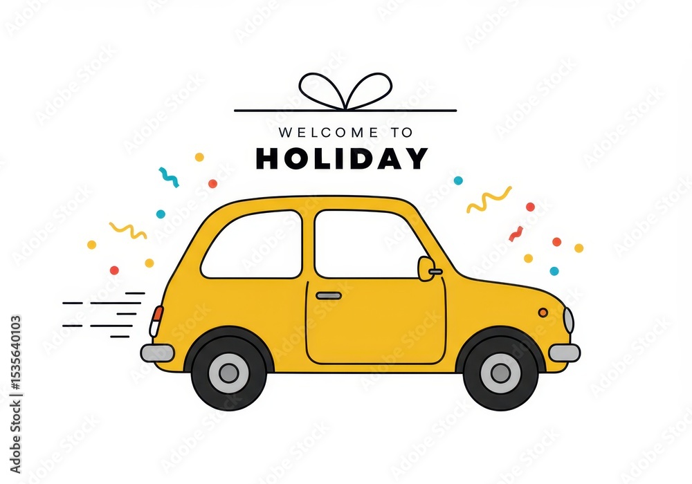 Obraz premium A cute yellow car speeds toward a holiday vacation, isolated on white background
