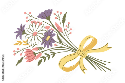 Rustic cottagecore wildflowers with yellow ribbon vector art illustration