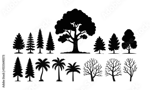  Scalable vector illustration set featuring a diverse collection of black tree silhouettes, pines, deciduous oaks, palms, bare winter trees, tropical trees, and clustered canopies, easily editable.