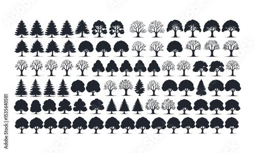  Scalable vector illustration set featuring a diverse collection of black tree silhouettes, pines, deciduous oaks, palms, bare winter trees, tropical trees, and clustered canopies, easily editable.