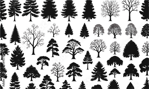  Scalable vector illustration set featuring a diverse collection of black tree silhouettes, pines, deciduous oaks, palms, bare winter trees, tropical trees, and clustered canopies, easily editable.