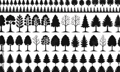  Scalable vector illustration set featuring a diverse collection of black tree silhouettes, pines, deciduous oaks, palms, bare winter trees, tropical trees, and clustered canopies, easily editable.
