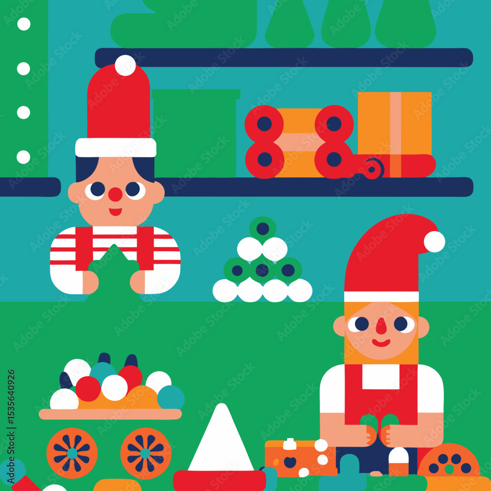 Naklejka premium Geometric Christmas Elves Making Toys in Workshop with Colorful Flat Design