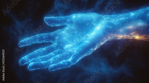 Glowing Hand with Cosmic Energy, Blue and Orange Hues