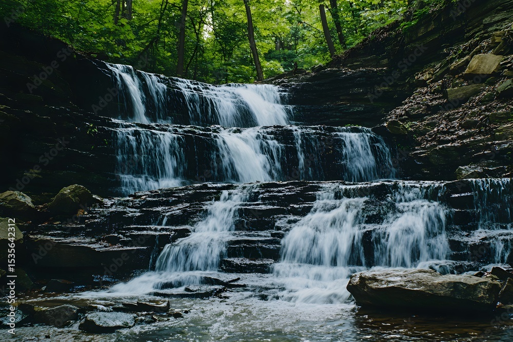 Fototapeta premium Cascading Waterfall in Lush Forest with Dark Rocks and Flowing Water