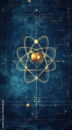 Atomic Structure Depicted with Glowing Orbits and Central Nucleus Against a Cosmic Background
