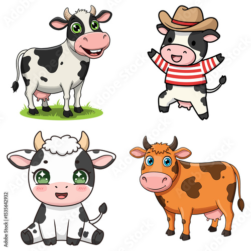 Cute Cartoon Cow Characters and Farm Animals Vector Set