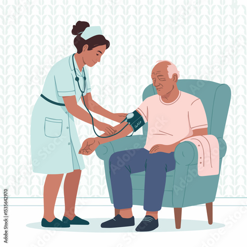 Young female nurse carefully taking blood pressure of senior man sitting comfortably in armchair home healthcare medical