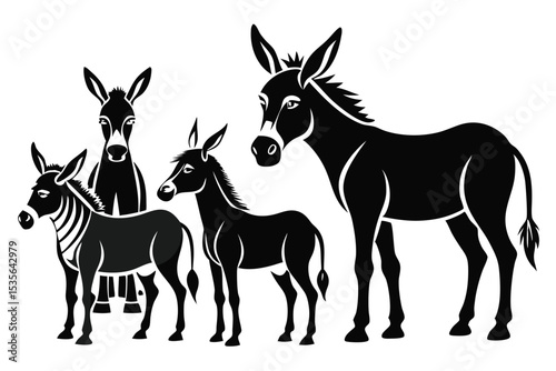 Silhouette illustration of a group of donkeys and a zebra with minimalist and elegant design