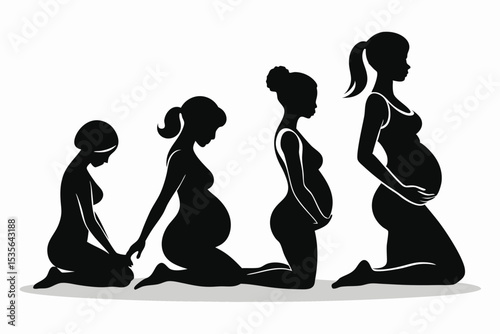 Silhouette of pregnant women showing pregnancy stages from early months to full term in sequence