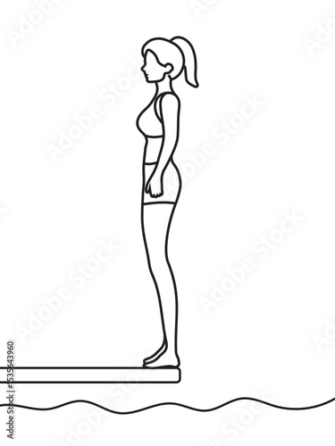 Woman standing on springboard preparing to jump into water on white background. Diving sport editable stroke. Vector illustration isolated EPS 10.
