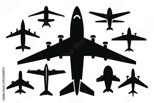 Black airplane silhouettes arranged on a white background representing aviation transport and flight