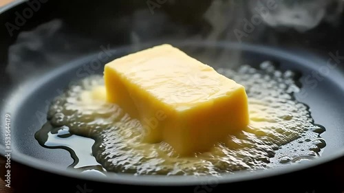 A block of butter melting in a black pan with steam rising, creating a sizzling sound effect scene