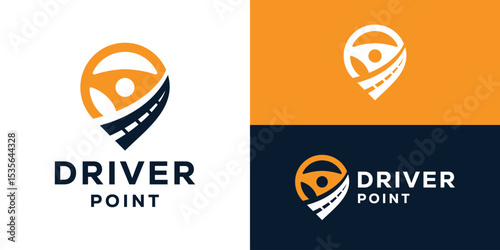 Creative simple driver point logo template. Steering wheel with road street highway logo design vector illustration.