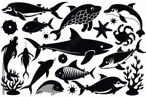 Black and white marine life illustration with sharks dolphins fish and other sea creatures