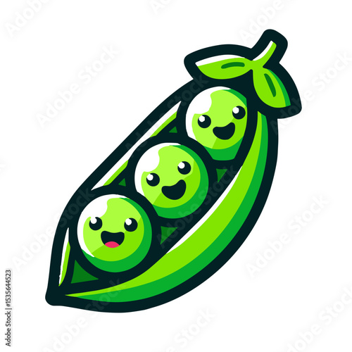 Cute peas in a pod with smiling faces in vibrant green on transparent background for emoji-style stickers and digital food apps