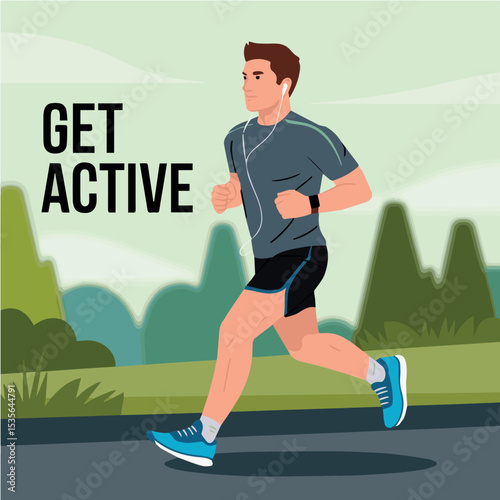 Healthy man jogging outdoors active lifestyle fitness running exercise nature green park summer day path road speed music