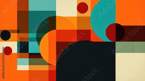 Vivid interplay of circular and rectangular forms in a structured geometric composition, showcasing a balanced visual rhythm using diverse color tones.