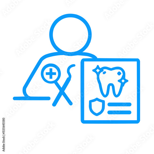 Dental professional illustration featuring a dentist with tools and dental report paperwork