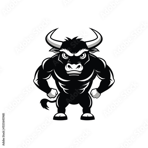 Angry Cartoon Bull Mascot – Strong Black and White Animal Logo Illustration

