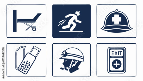 Line Art Icon Set Female Medical Professionals Healthcare Emergency Symbols Navy Blue White Background