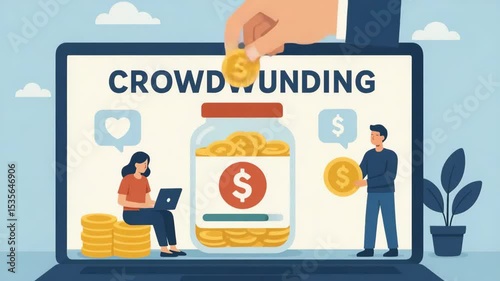 An illustration depicting crowdfunding on a laptop screen, showcasing a jar filled with coins, with a person donating and another individual engaged in online support.
