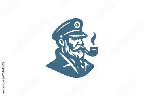  Sea captain with pipe, vintage flat style vector logo illustration