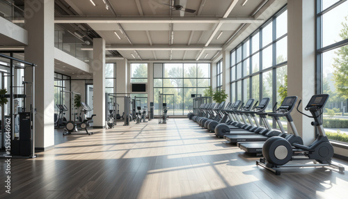 Bright Modern Gym Interior With Fitness Equipment and Large Windows Providing Natural Light	
