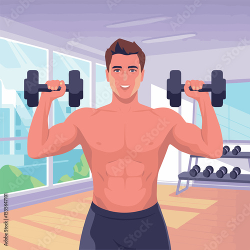Muscular man lifting dumbbells in modern fitness gym strong bodybuilder exercise workout healthy lifestyle pump power