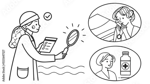Line Art Set Icon Doctors Examining Patients Skin Using Magnifying Glass and Checklist icon set