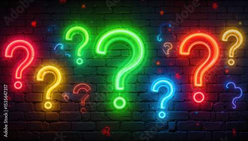 Colorful Neon Question Marks Illuminated on a Dark Brick Wall Background	
