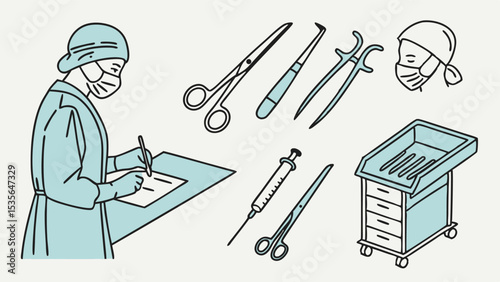 Line Art Set Icon of Surgical Instruments and Surgeon Taking Notes on a Clipboard with Light Blue Accents on White Background
