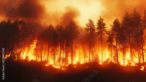 Fiery Wildfire Engulfing Pine Forest at Night
