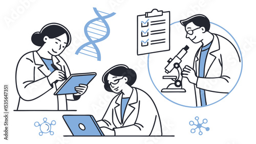 Diverse Doctors Connected Line Art Set Icon Healthcare Team Collaboration Medical Research Scientists Using Technology