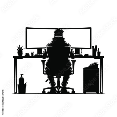 Work From Home  Silhouette of Person at Desk with Dual Monitors