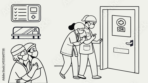 Minimalist Line Art Icon Set Doctors Working Hospital O R Room Entrance Checklist Hand Sanitizer