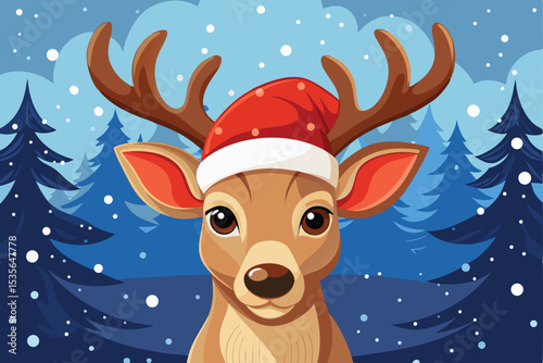 Cartoon Deer with Santa Hat in Winter Forest Scene with Snowflakes