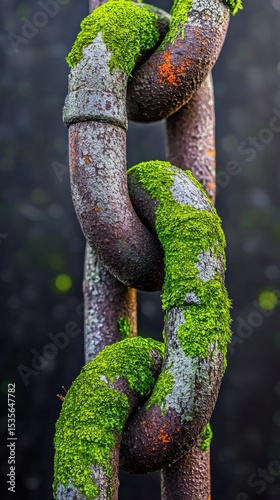 Rusted Chain Link with Moss Close-Up