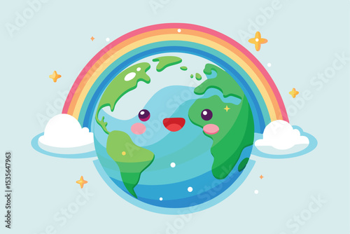 Cute Earth Cartoon Character with Rainbow and Clouds Illustration
