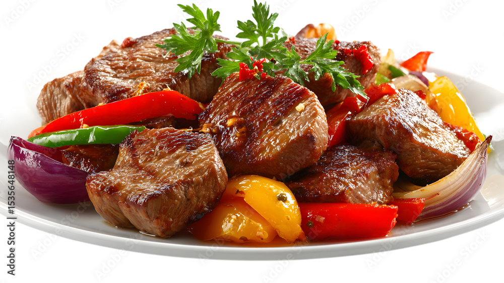 Grilled steak and sauteed vegetables on white isolated  plate a delicious culinary presentation
