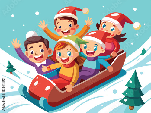Cartoon Children Sledding Downhill in Winter Wearing Santa Hats and Smiling