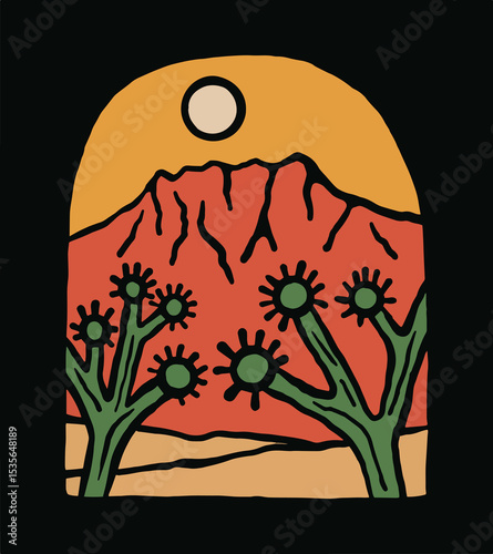 Joshua tree in red canyon national park illustration for t shirt sticker and badge