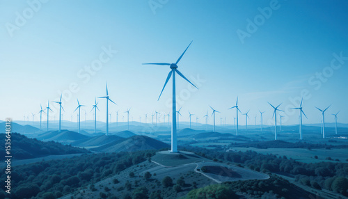 Blue Wind Turbines Generating Power Against White And Blue Backdrop	
