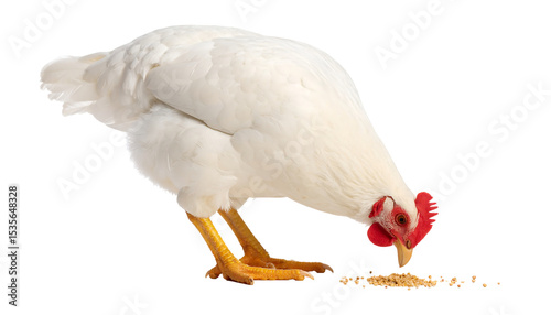 A pristine white chicken with a striking red comb is shown feeding on the ground in a close-up, isolated on a PNG background.