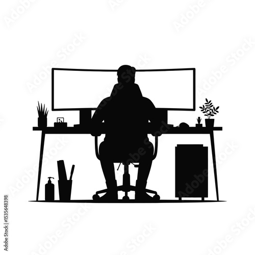 Silhouette of Person Working at Desk with Dual Monitors