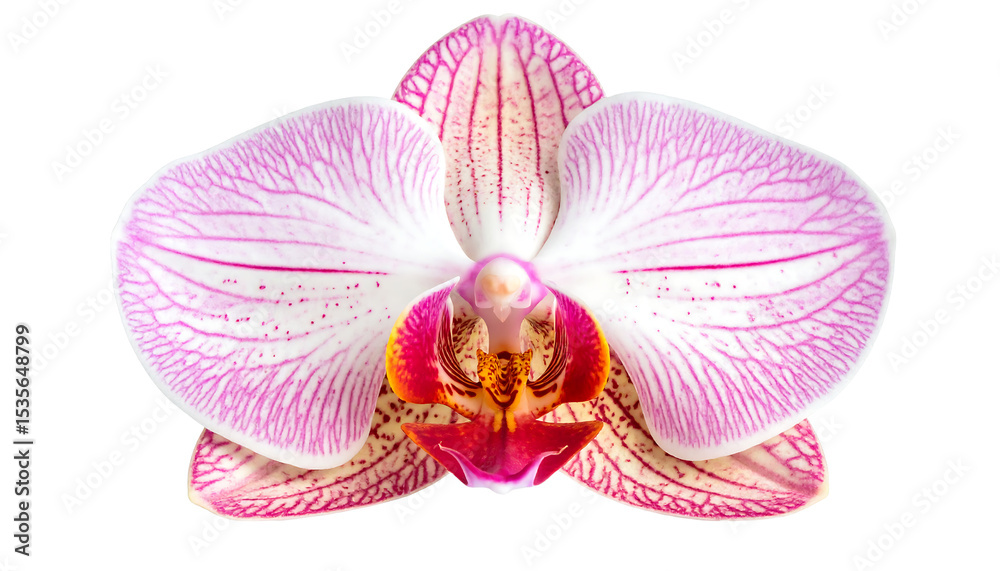 Fototapeta premium A pink and white orchid with red stripes, dots, and a red-yellow center on a transparent background.