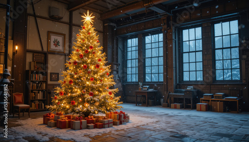 Golden Illuminated Christmas Tree And Presents Inside Industrial Room During Winter Night With Falling Snow	
