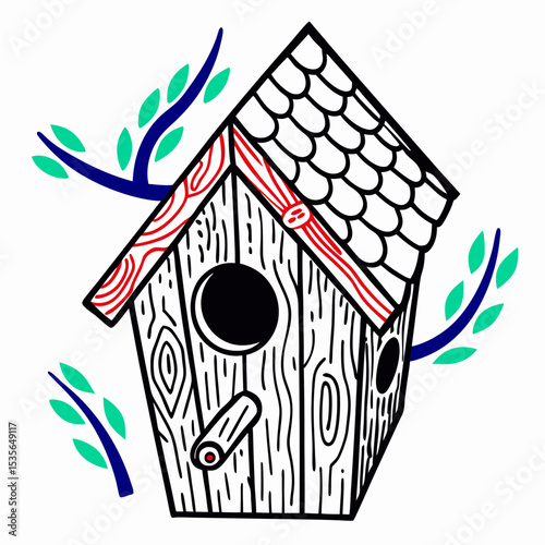 Cute Cartoon Birdhouse Illustration, Wooden Birdhouse Drawing, Spring Birdhouse Clipart